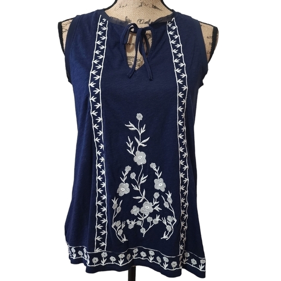 dip Tops - Dip Embroidered Sleeveless Navy Tunic Top - XS
